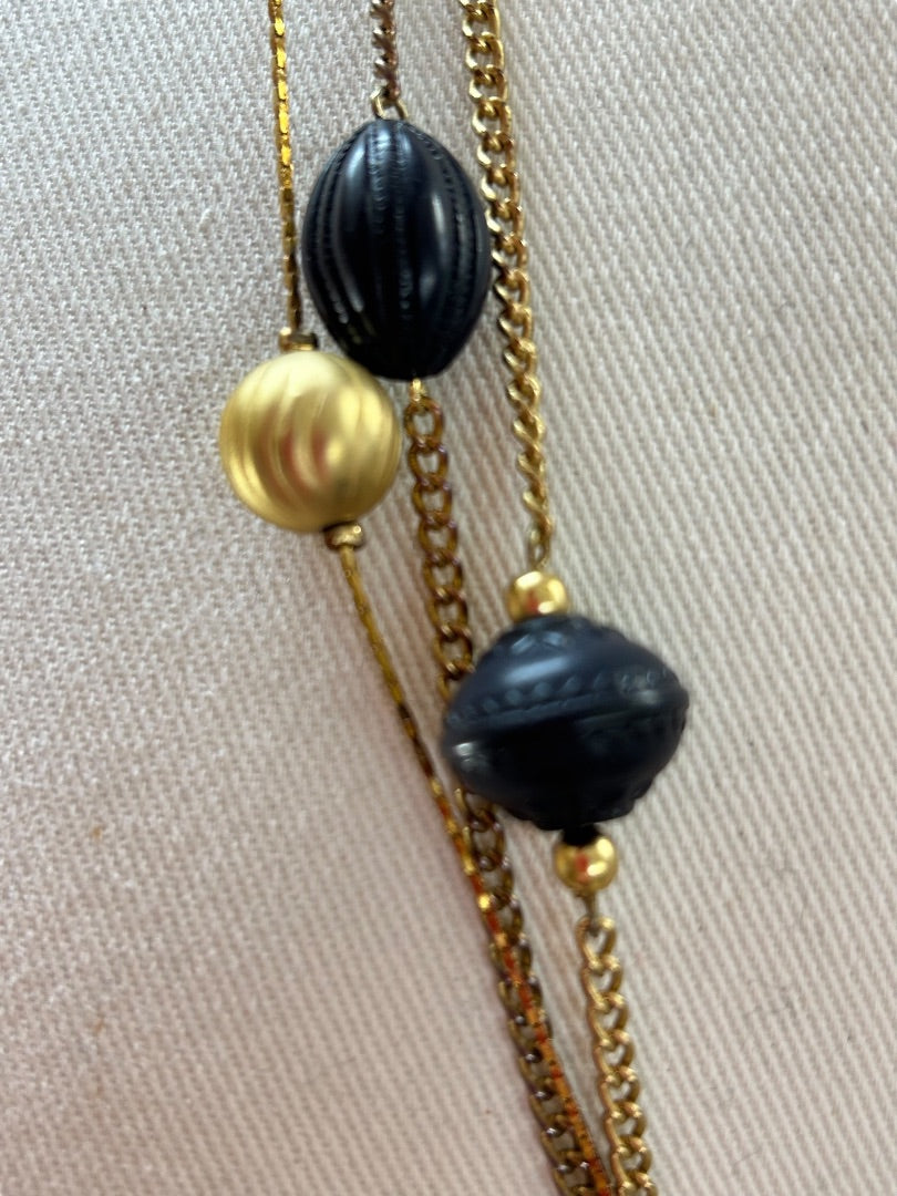 Goldtone Tiered Necklace Green White Black Beads 26 Inch