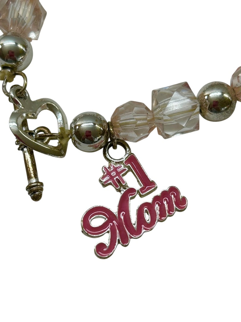 Stretchy Toggle Clasp Bracelet #1 Mom Charm Silver Pink