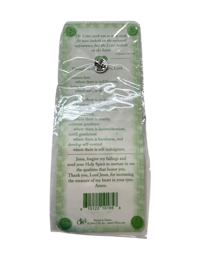 Religious Pin on Prayer Card Heart Cross God Measures Heart Goldtone