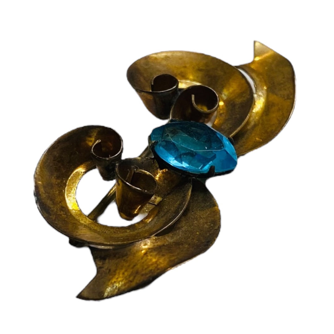 Vintage White Co Signed Gold Filled Brooch 1.75 Inch Bow Swirl Aqua