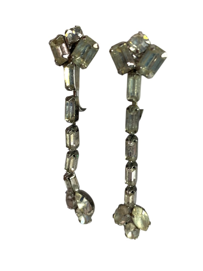 Vintage Rhinestone Clip On Non-Pierced Earrings 2 Inch Drop