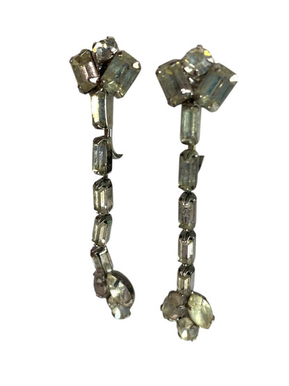 Vintage Rhinestone Clip On Non-Pierced Earrings 2 Inch Drop