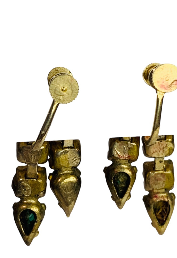 Vintage Clip On Screwback Earrings Goldtone Rhinestone Green 1.1 Inch Drop