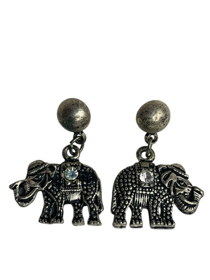 Vintage Silvertone Elephant Post Pierced Earrings 1.25 Inch Drop Trunk Up