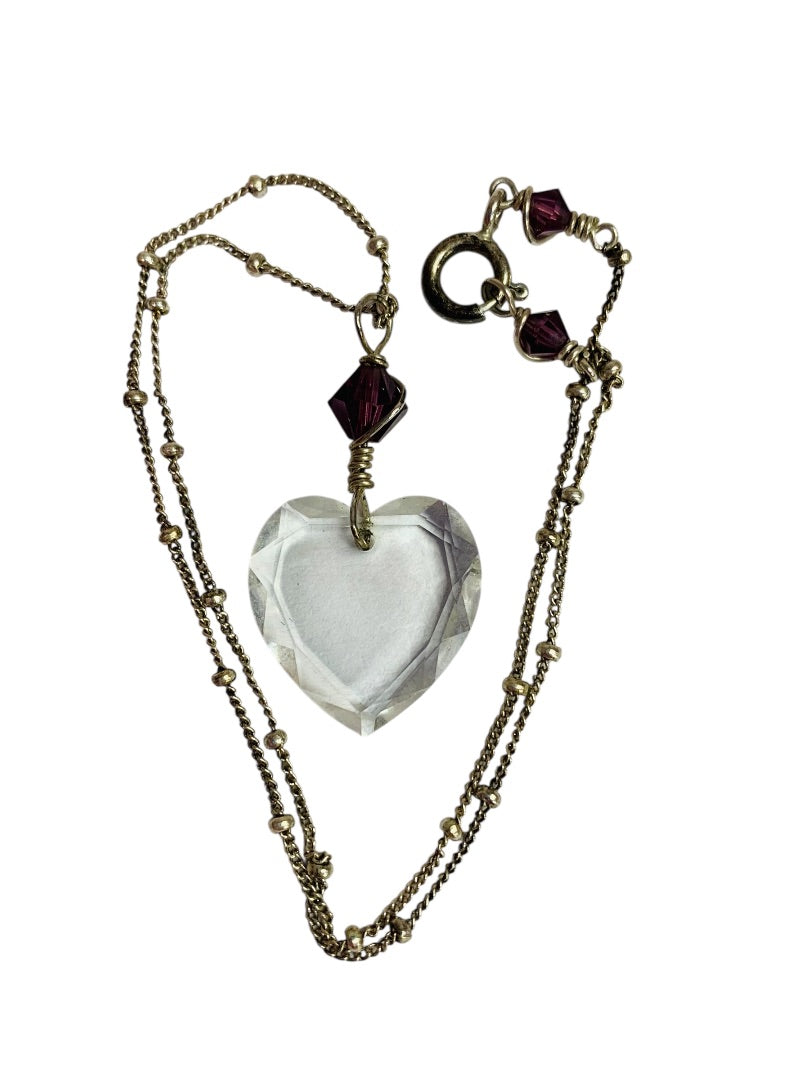 Silvertone Purple Acrylic Heart Pendant Necklace 12 Inch Spring Clasp