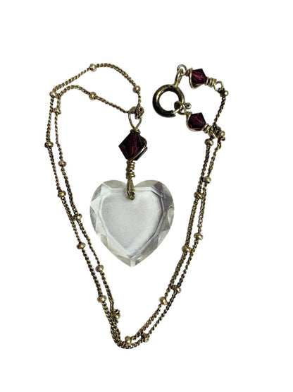 Silvertone Purple Acrylic Heart Pendant Necklace 12 Inch Spring Clasp