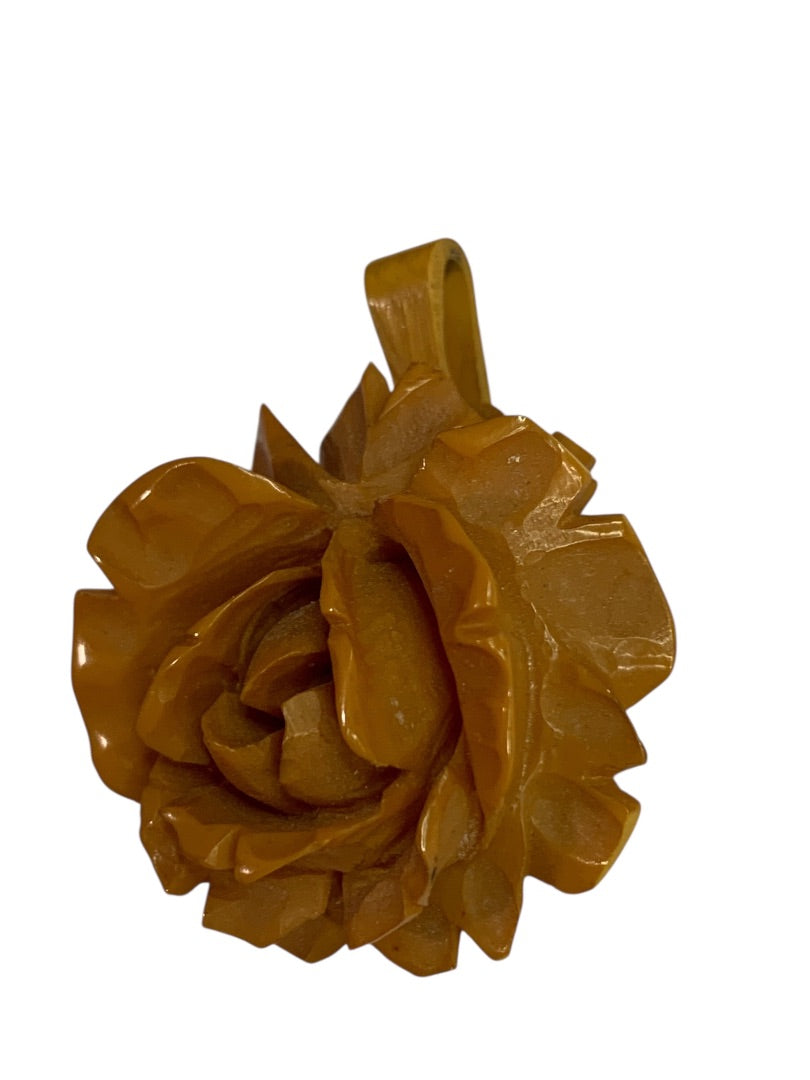 1940s Deeply Carved Butterscotch Rose Pendant 1.5 Inch Drop