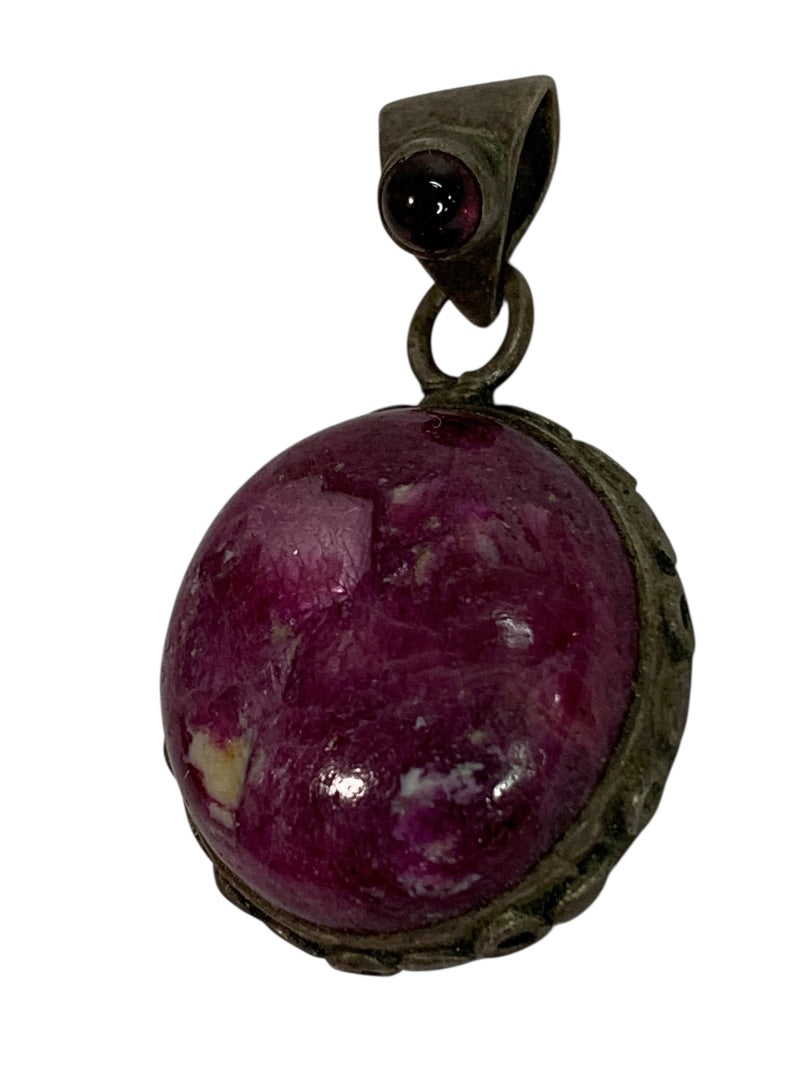 Polished Purple Stone Round Pendant Silvertone Setting 1.5 Inch Drop