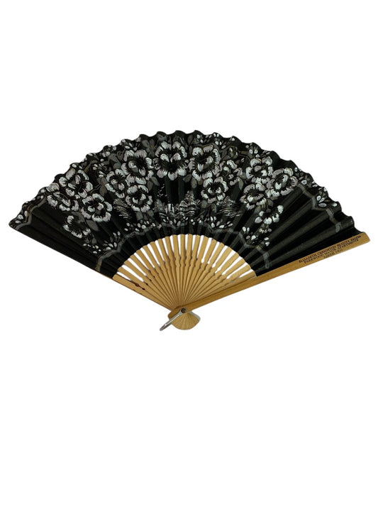 Vintage Paper and Bamboo Black Souvenir Hand Fan 8.5" Elizabeth Creighton Beauty Salon