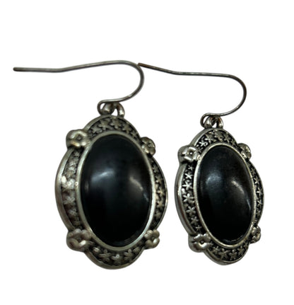 Silvertone Black Retro Style Fish Hook Earrings 1.5" Drop Dangle