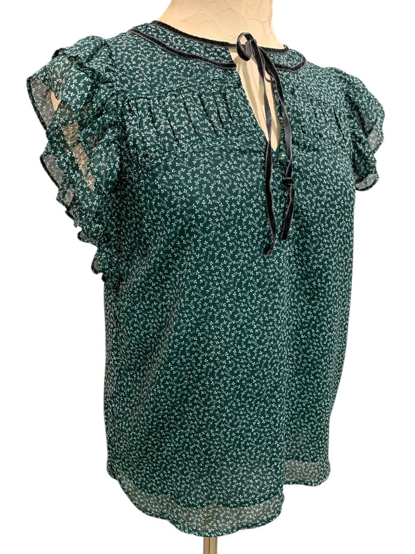XS Loft Womens Emerald Green Popover Blouse Shirt Velvet Trim Floral