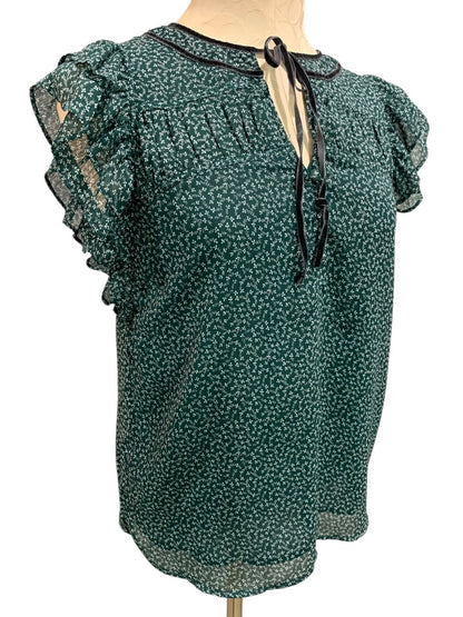 XS Loft Womens Emerald Green Popover Blouse Shirt Velvet Trim Floral