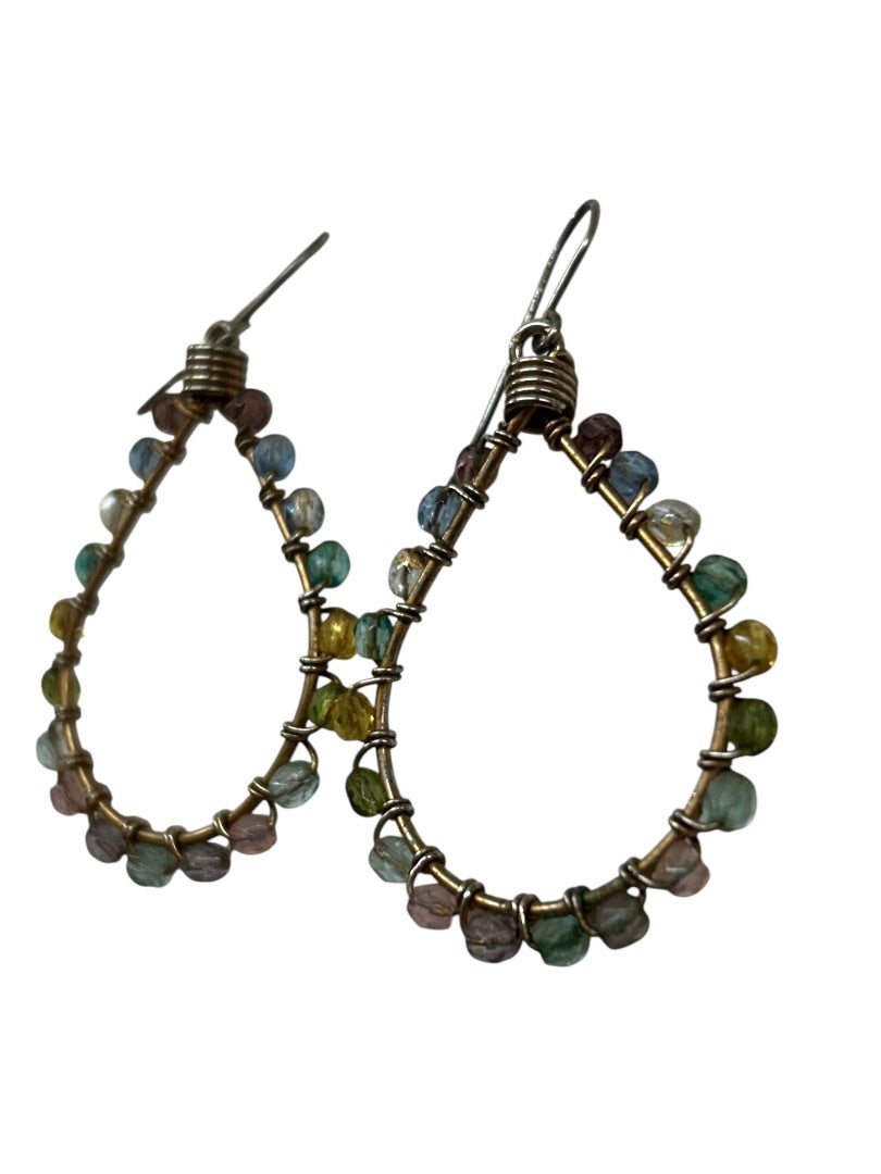 Wrapped Wire and Pastel Beaded Fishhook Earrings 2 Inch Drop