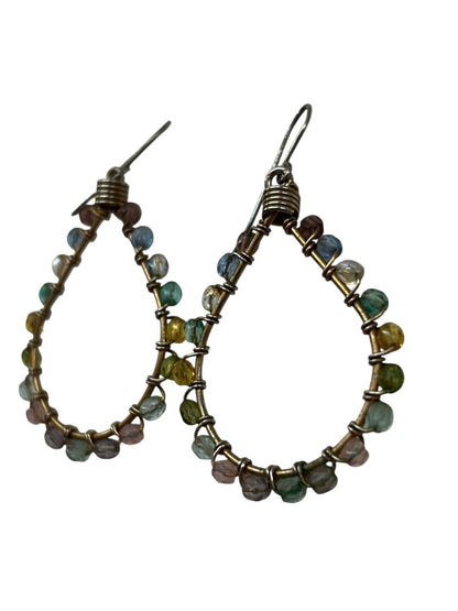 Wrapped Wire and Pastel Beaded Fishhook Earrings 2 Inch Drop