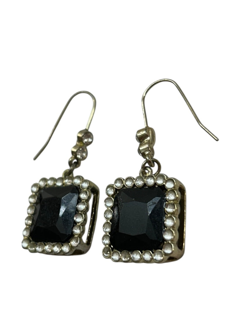 Lightweight Silvertone Black Acrylic Earrings 1.75 Inch Drop Dangle