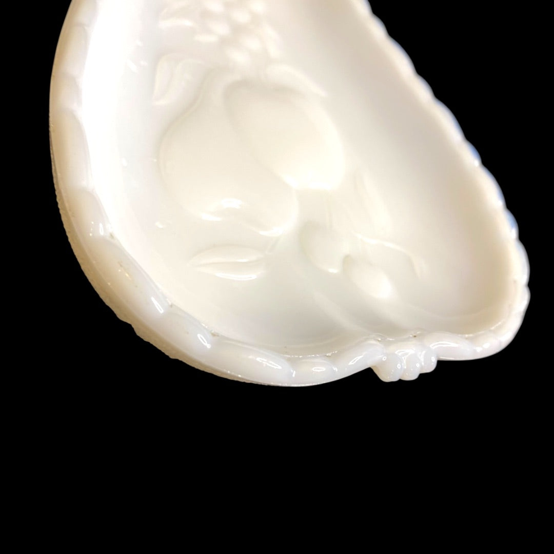 1950s Hazel-Atlas Milk Glass Blossom Pattern Pear Shape Relish Tray 8"