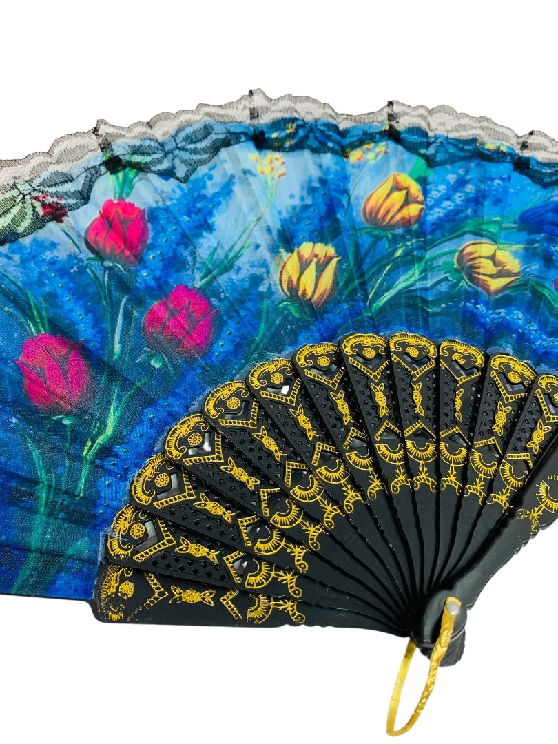 Vintage Fabric Handfan Plastic Ribs lace Goldtone Detail Tulips 9.5 Inch
