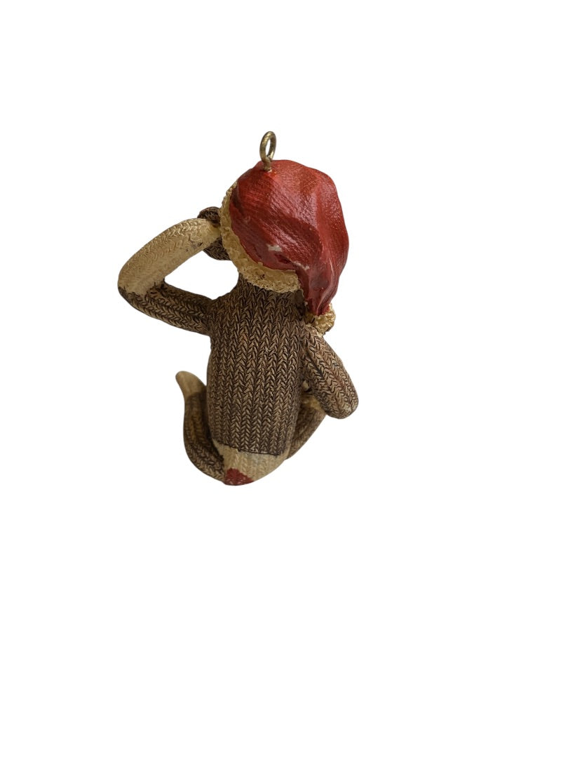 Sock Monkey Ornament 3 Inch Resin Textured Christmas Santa Hat