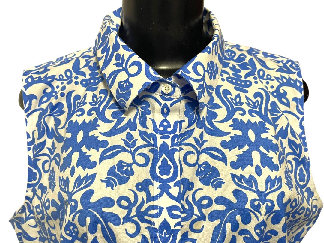 Size 16 Talbots Button Up Wrinkle Resistant Sleeveless Floral Shirt Blue