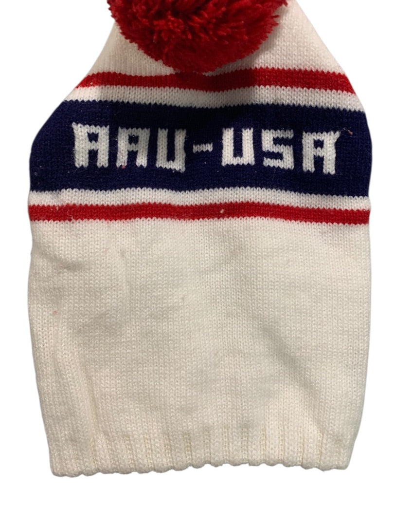 Vintage Ski Beanie Hat Pom Pom AAU-USA One Size Adult