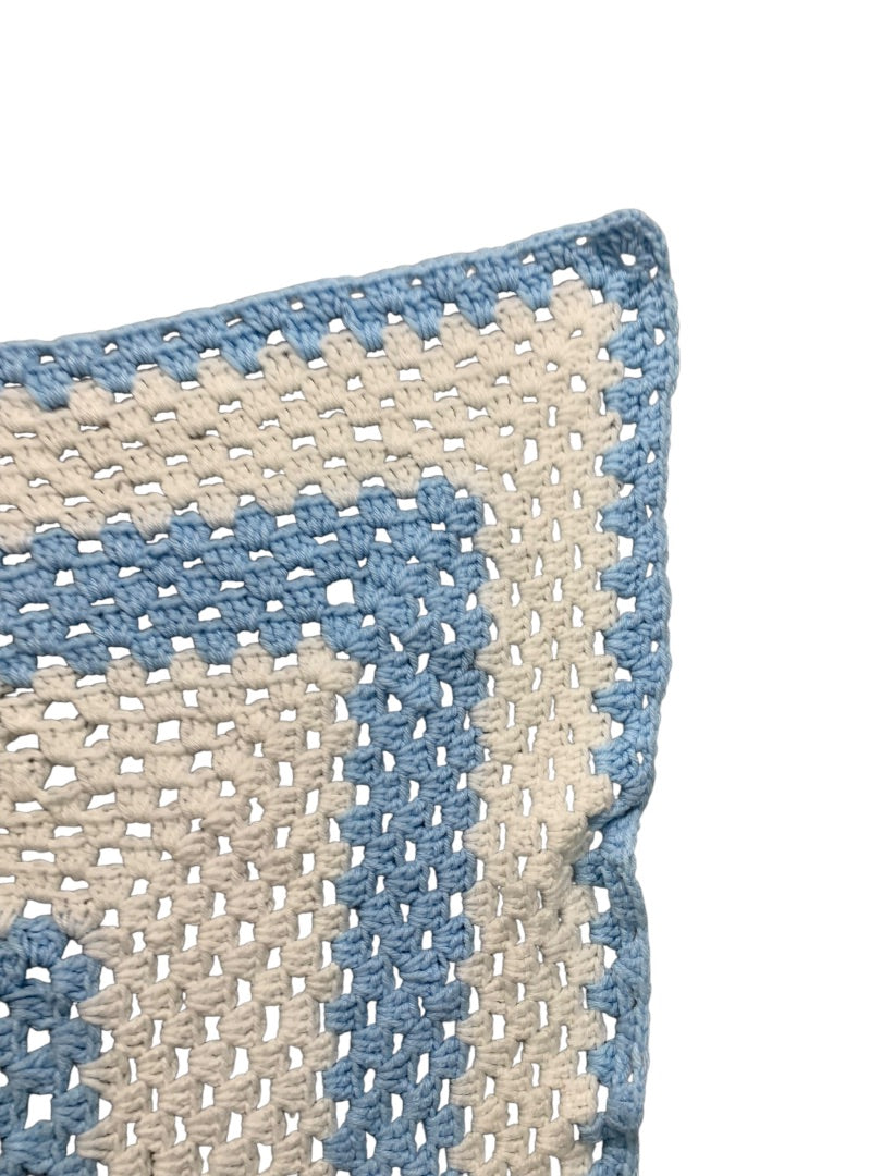 Vintage Crochet Afghan Blanket Throw 38" Square Blue White
