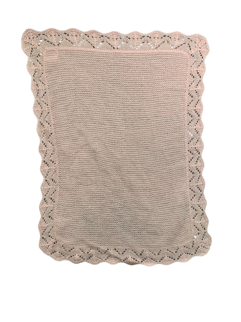 Vintage Pink  Hand Knit Baby Blanket 30" x 22" Delicate Trim