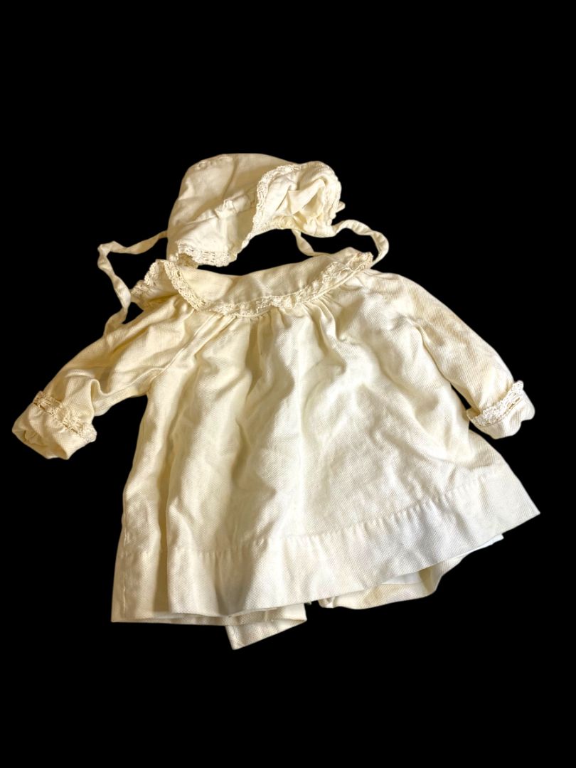 Infant Dress and Bonnet Vintage Breman and Tanner Ivory Lace Trim