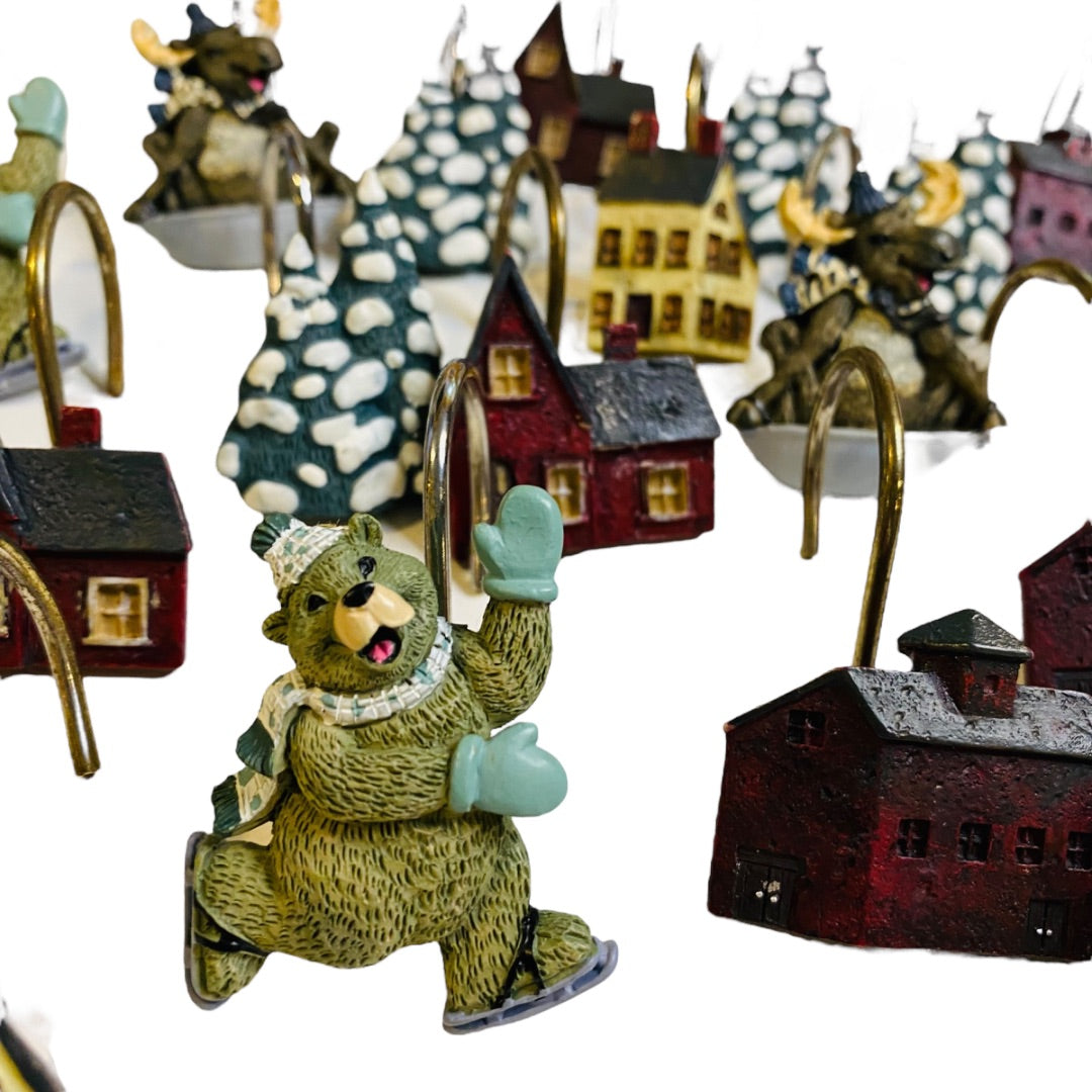 Set of 20 Holiday Winter Shower Curtain Hooks Bear Barn Tree Snow