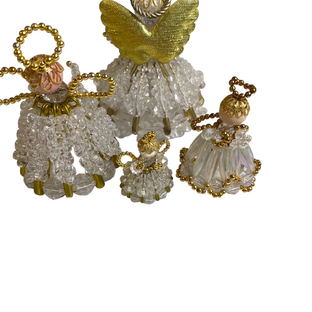 Set of 4 Vintage Beaded Angel Tabletop Ornaments 1.5"-3" Handmade