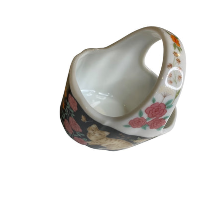 Vintage Cat Floral Ceramic Trinket Basket 3.5"h x 3.35"l x2.25"w