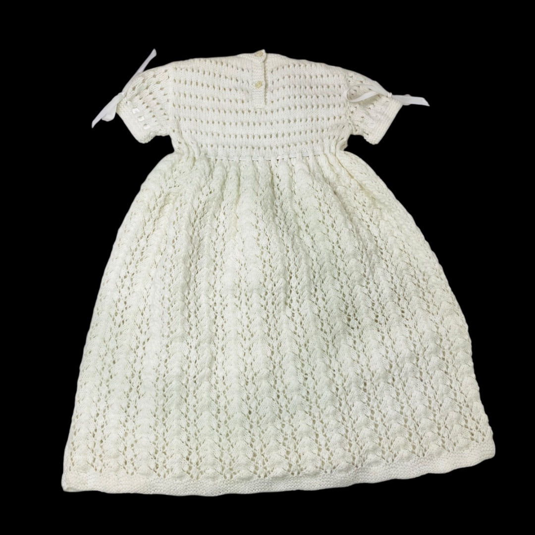 Vintage Infant Baby Dress Hand Crochet Knit White Ribbon Detail
