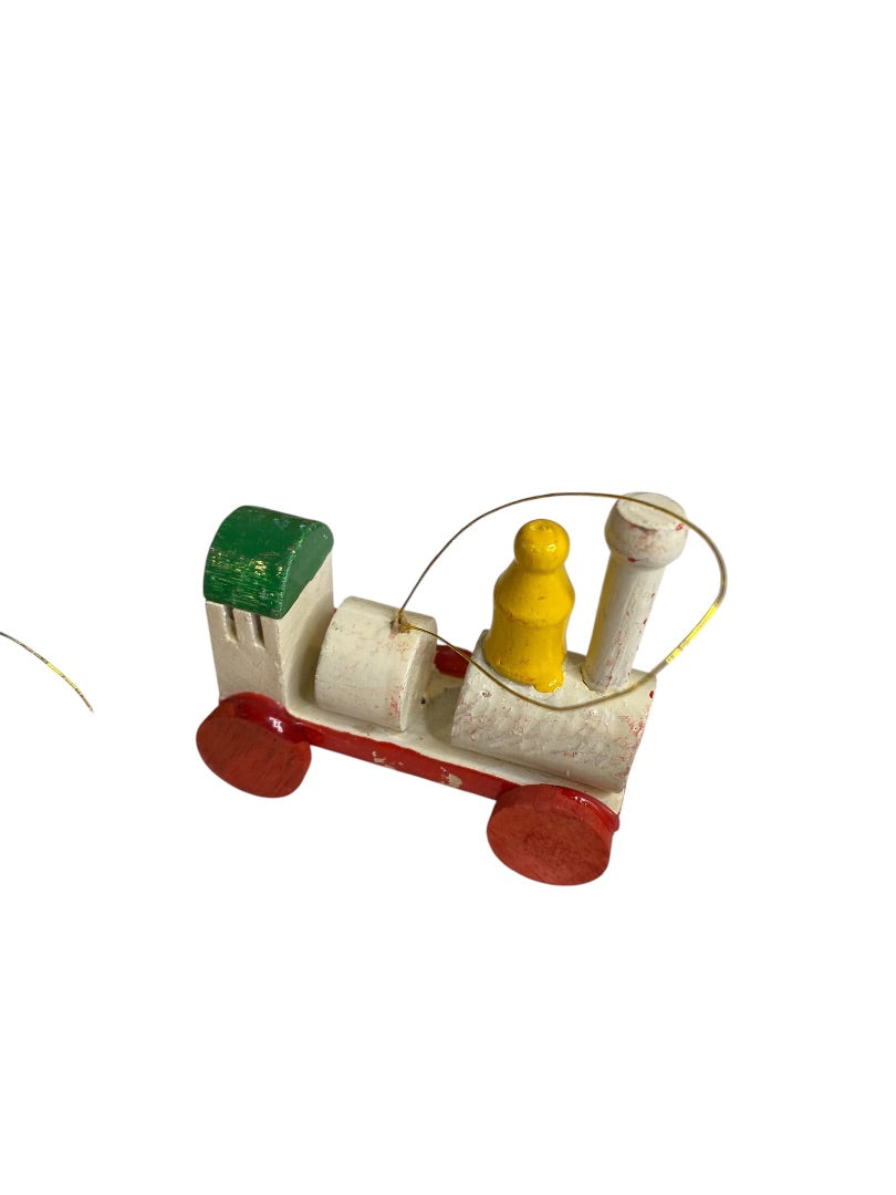 Vintage Lot of 5 Wooden Christmas Holiday Ornaments Barn Well Train