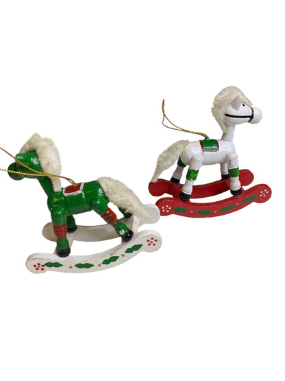 Vintage Wooden Christmas Holiday Ornaments Rocking Horse 4"
