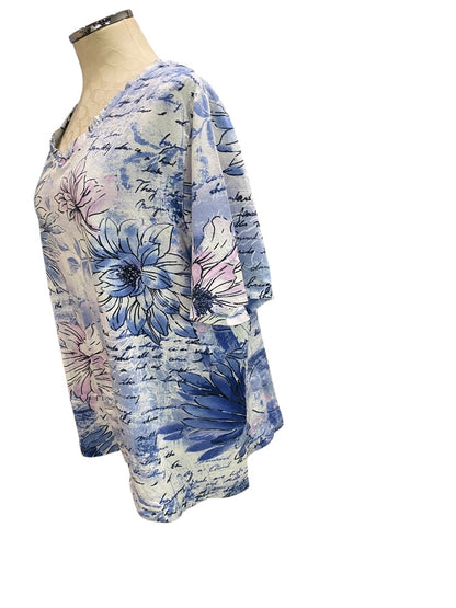 1X Liz & Me Womens Floral Print V-Neck Tshirt Short Sleeve