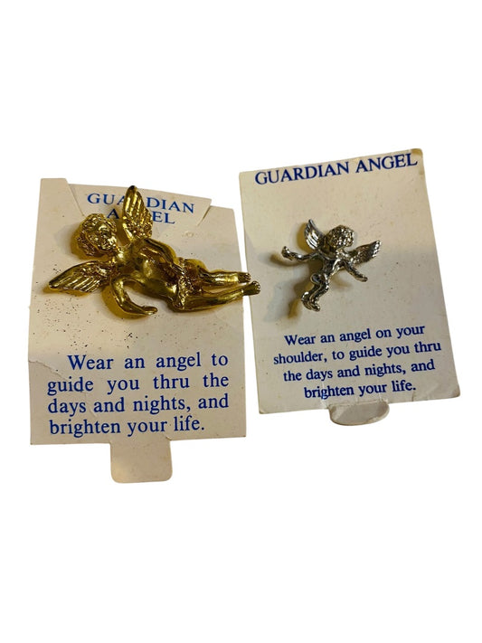 Set of 2 Vintage Guardian Angel Shoulder Pins Goldtone Silvertone on Cards
