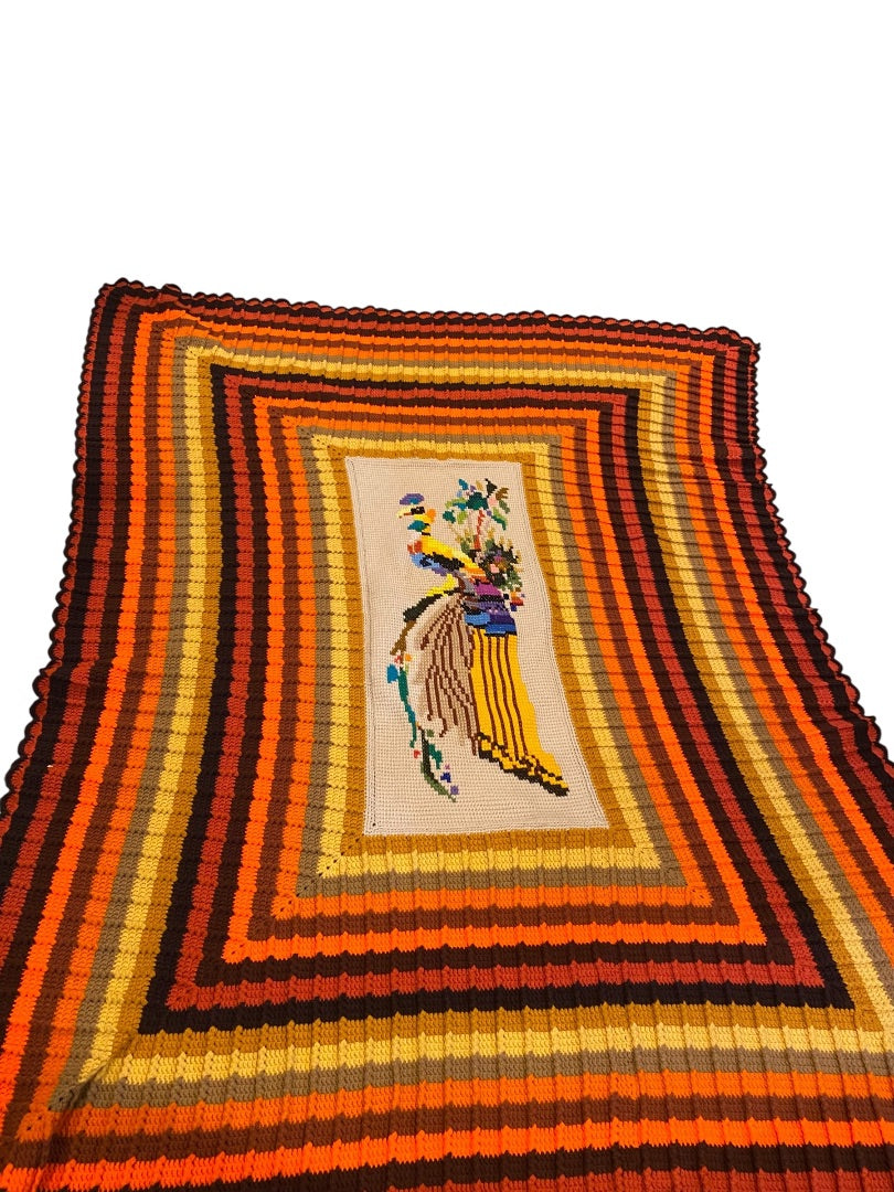 MidCentury Crochet Needlework Afghan Peacock 86" x 69" Orange Brown