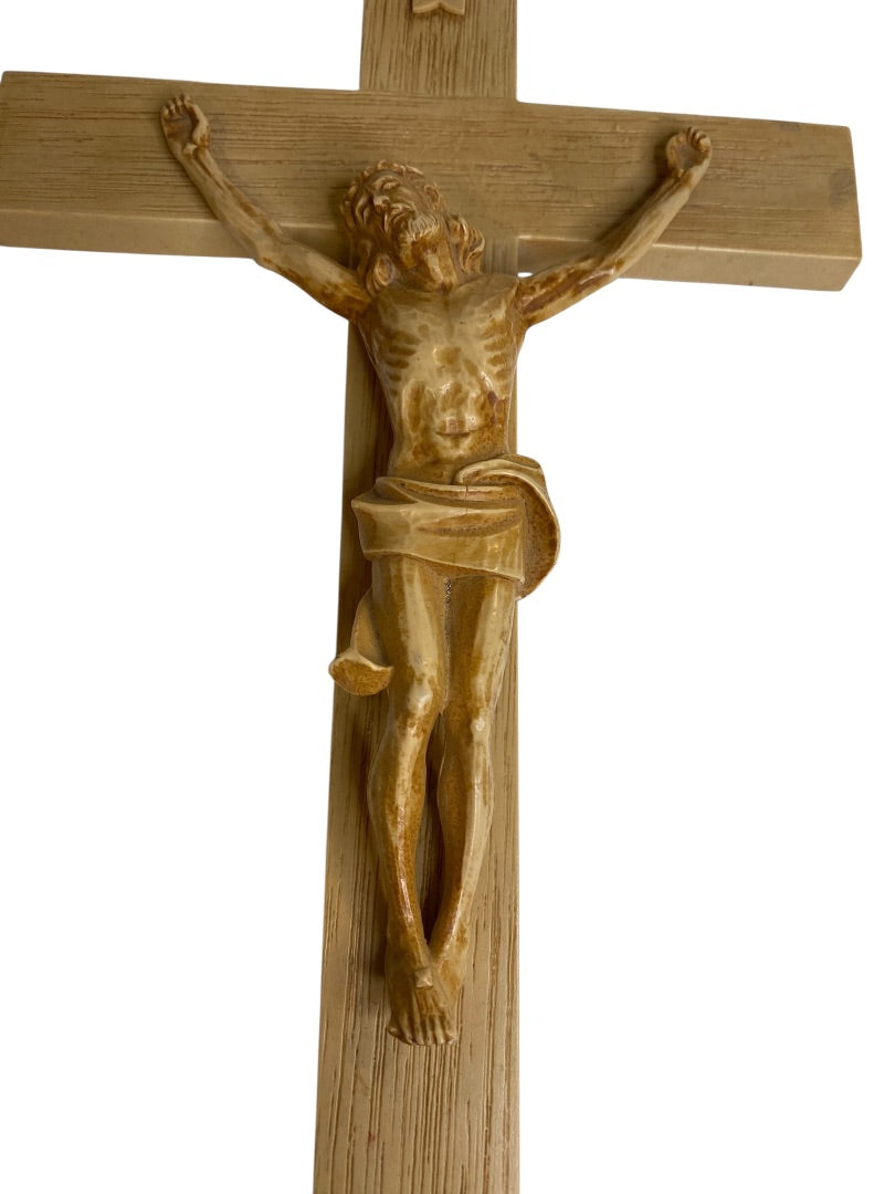 Vintage Plastic Cross Jesus INRI 12" Wall Hanging Wood Look