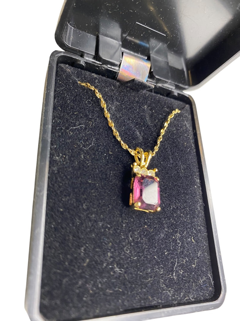 Goldtone Pendant Necklace Emerald Cut Purple Glass 17.5" Chain