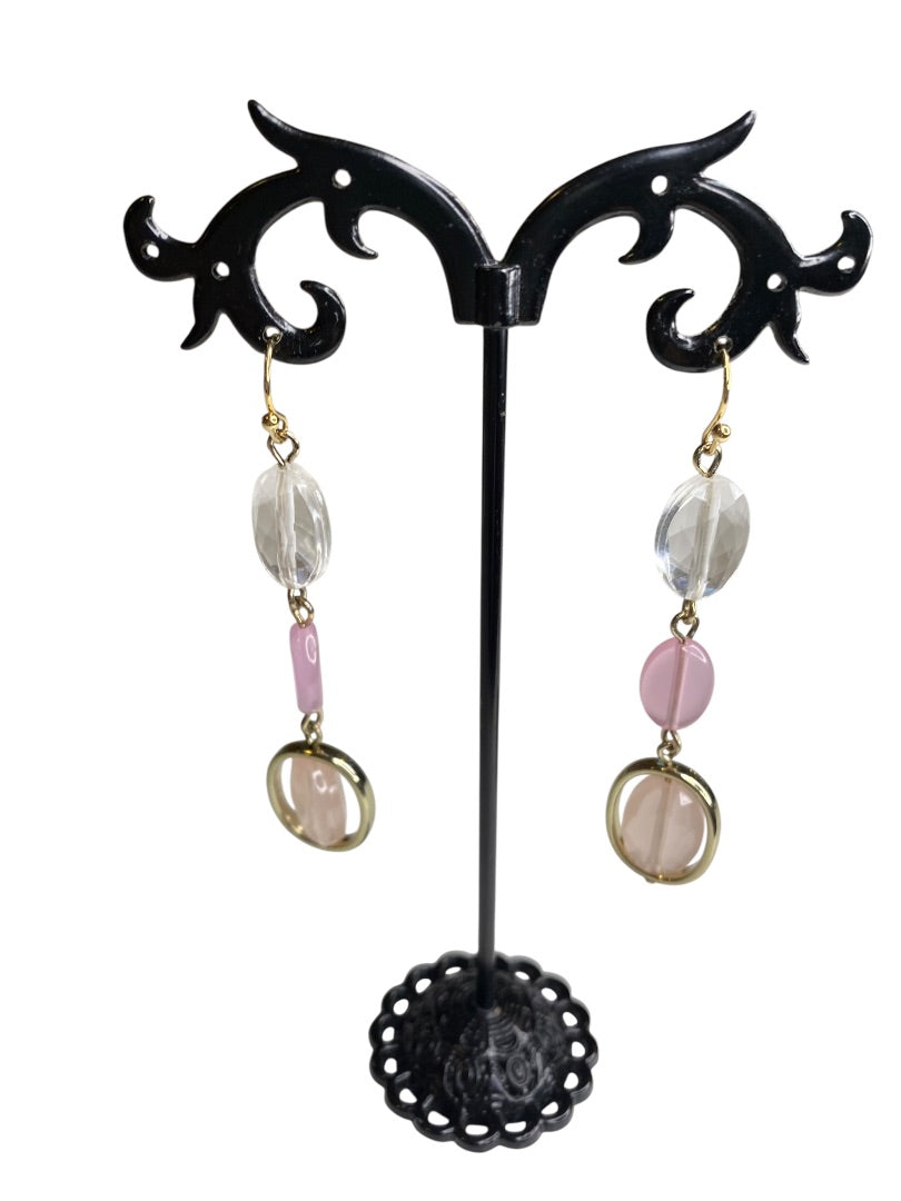 Goldtone Pink Clear Bead Pierced Fishhook Earrings 2.5" Drop
