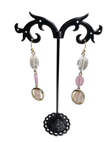 Goldtone Pink Clear Bead Pierced Fishhook Earrings 2.5" Drop