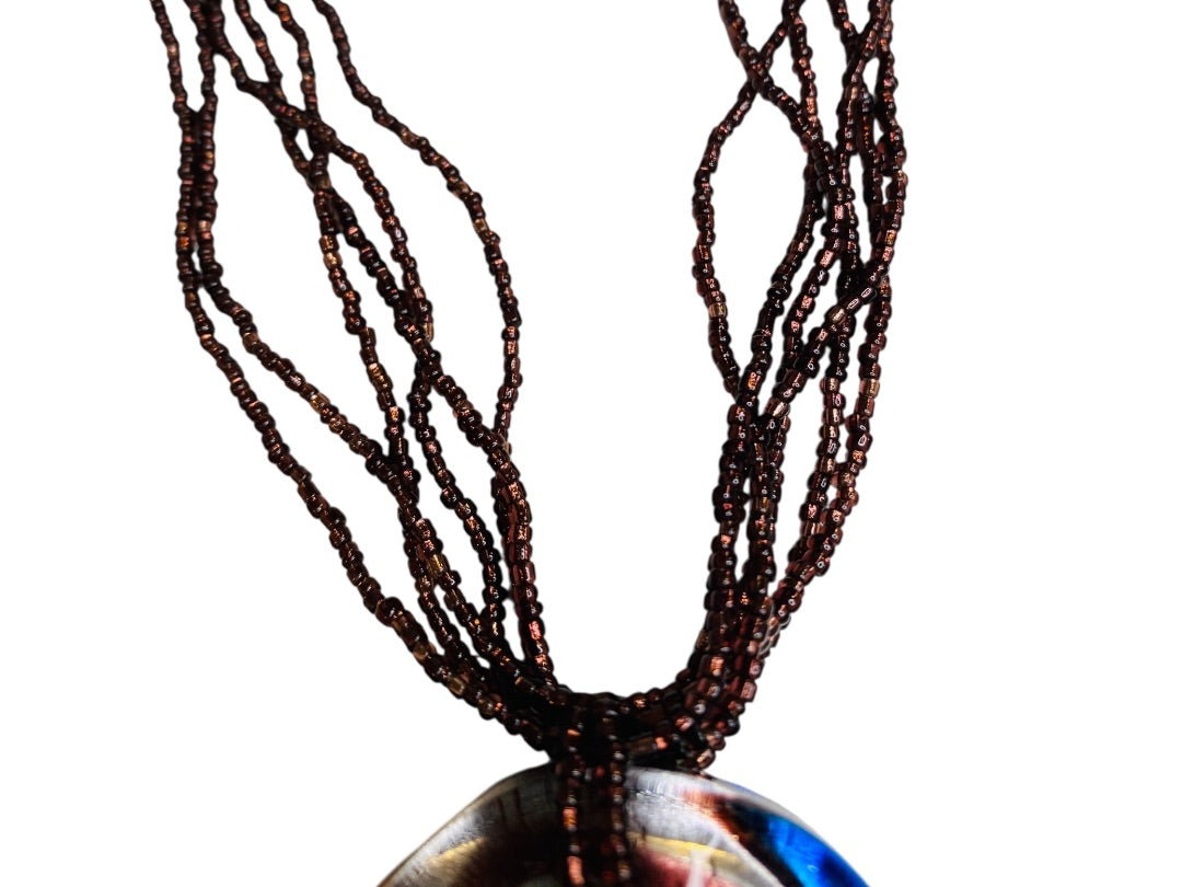 Chunky Glass Pendant and Seed Bead Multistrand Necklace 20-23"