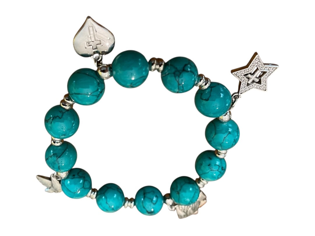 Beaded Stretch Silvertone Fish Dove Star Religious Stretch Bracelet Bright Blue
