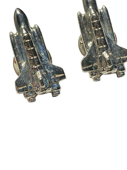 Pair of Vintage Space Shuttle Silvertone Lapel Pins Butterfly Back 1.25"