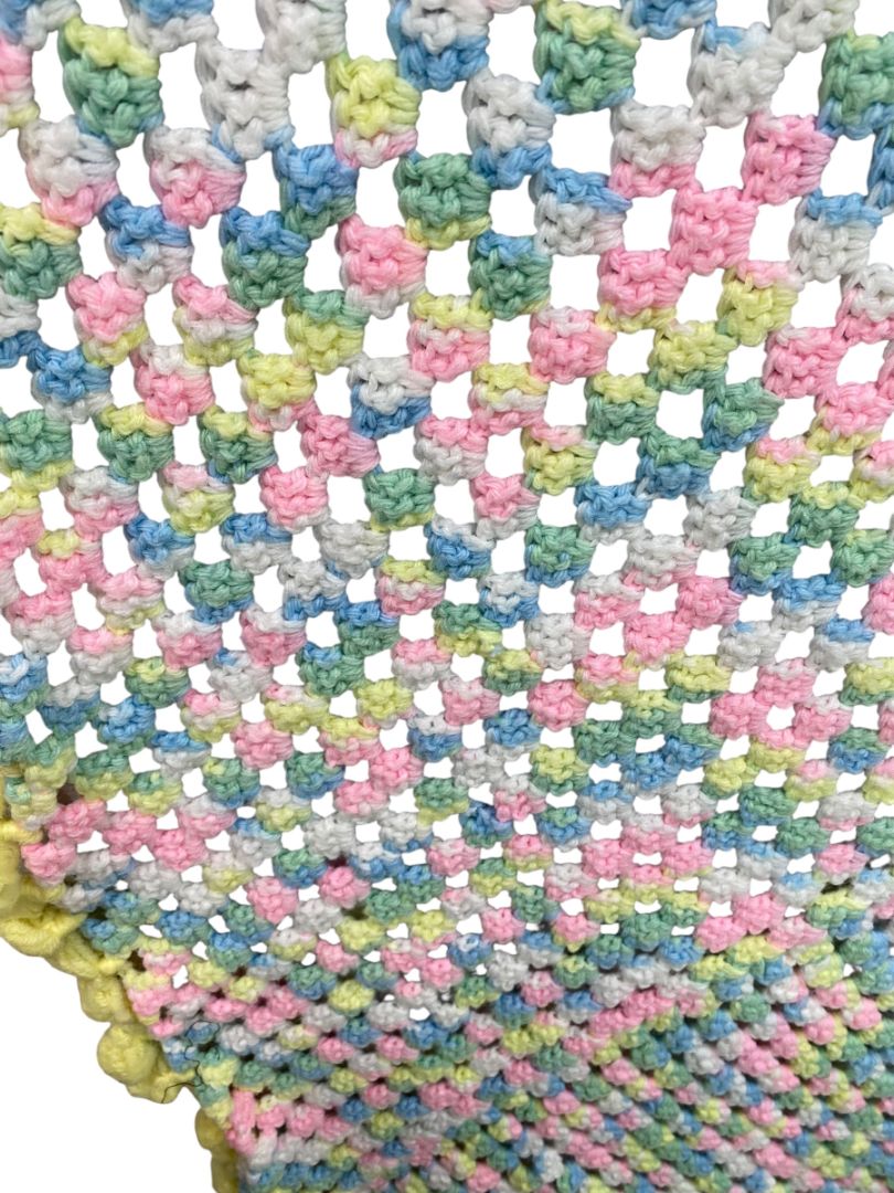 Vintage Crochet Baby Blanket Pastels 44" Square Yellow Pom Pom Trim