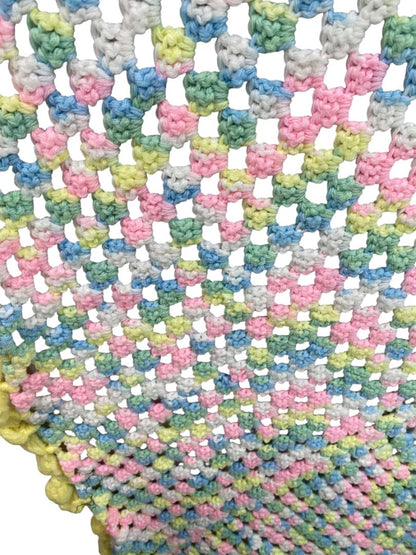 Vintage Crochet Baby Blanket Pastels 44" Square Yellow Pom Pom Trim
