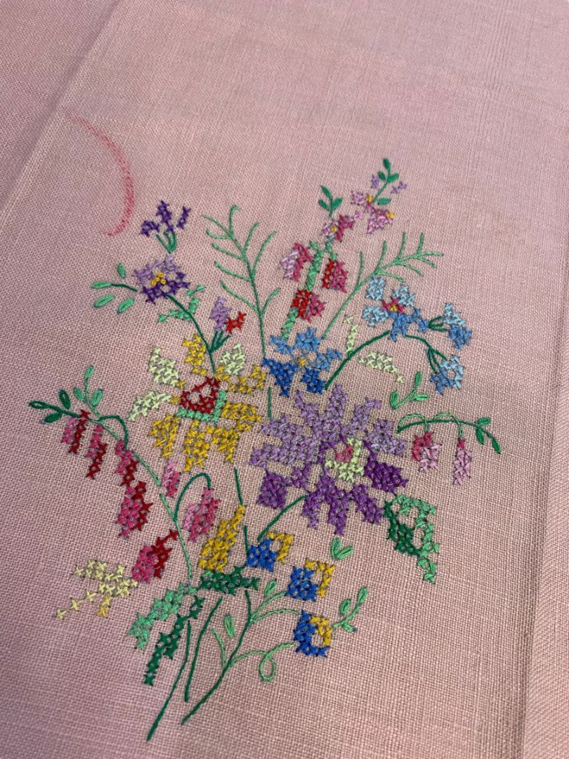 Vintage Pink Linen Cross Stitch Napkin Floral Stain 14" x 19"