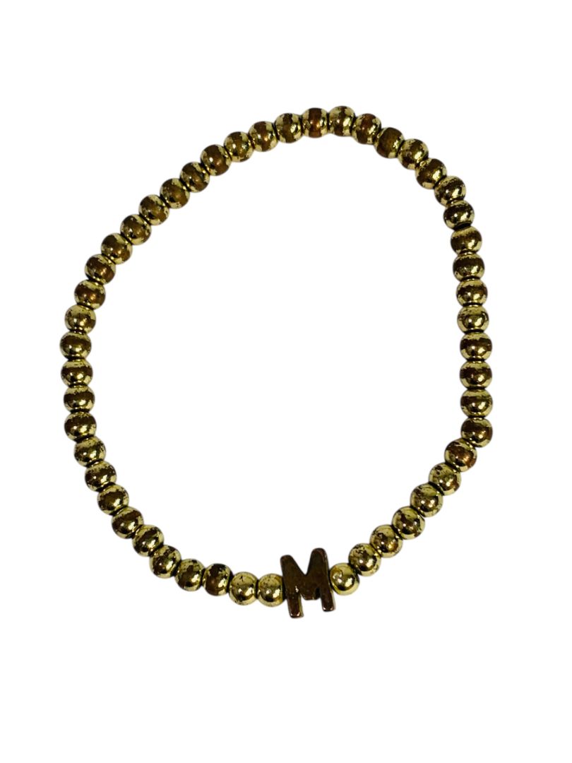 Goldtone Metal Beaded Stretch Bracelet Initial "M"