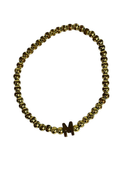 Goldtone Metal Beaded Stretch Bracelet Initial "M"