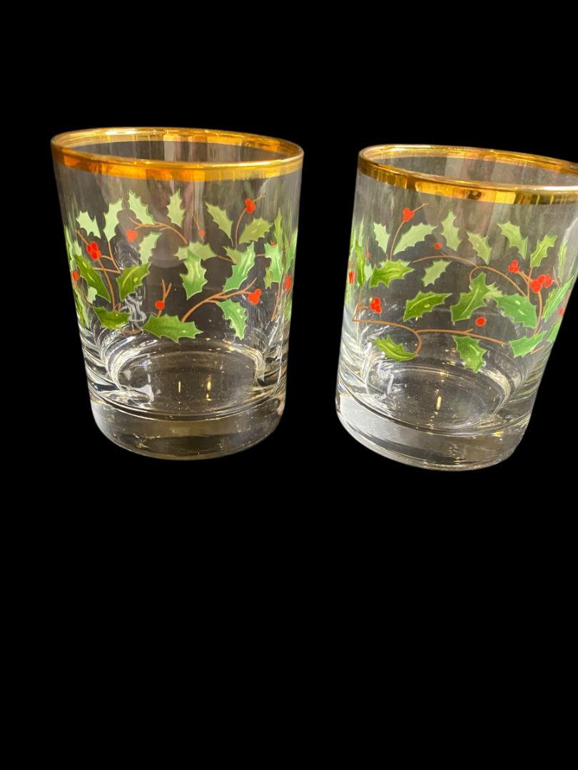 Vintage Mikasa Set of 2 Double Old Fashioned Glasses Holly Berry Ribbon Gold Trim