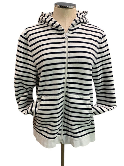 Size XL T by Talbots Womens Zip Up Hoodie Sweatshirt Navy Blue White Stripe